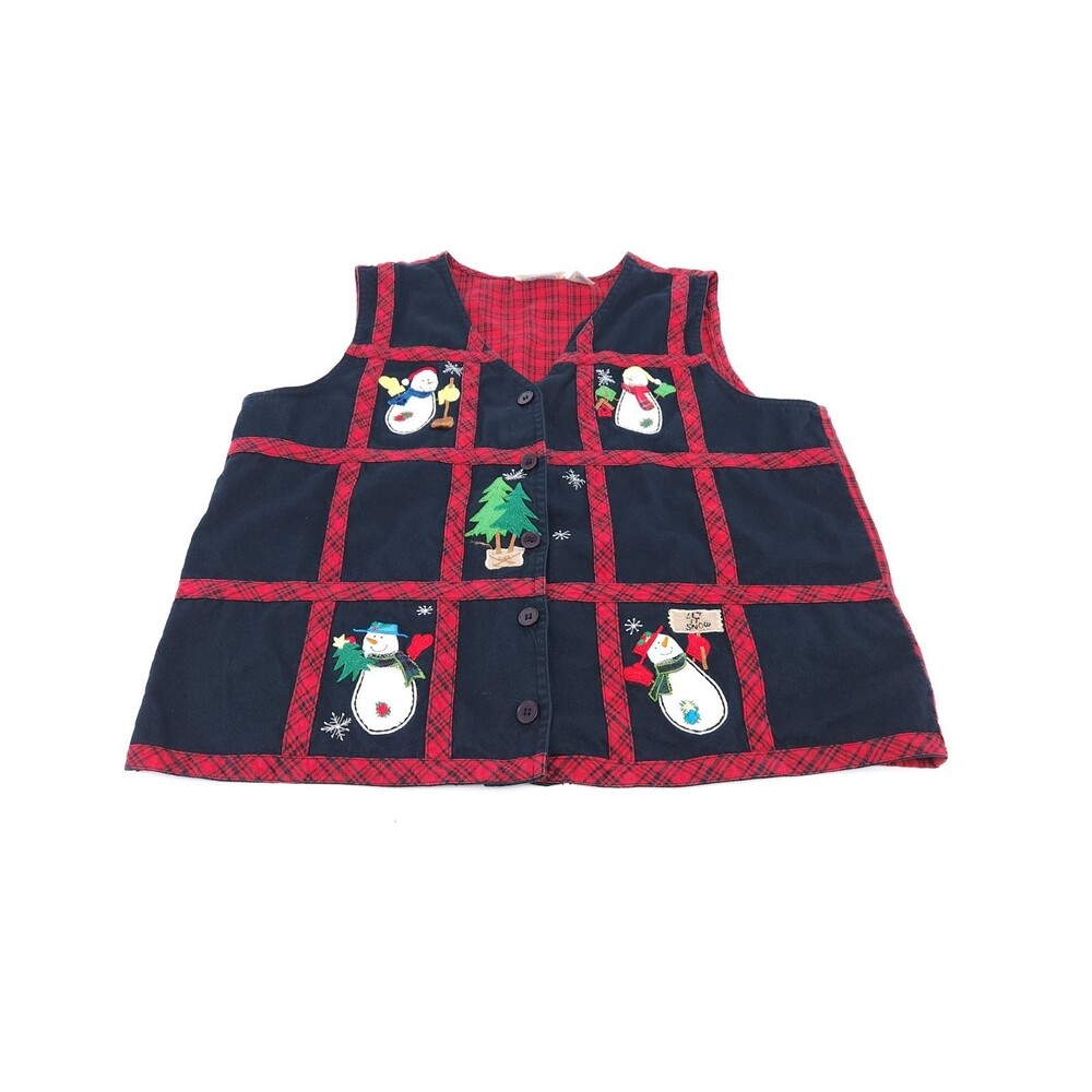 Vintage 90s Christmas Vest M Medium Austin Clothing Co Plaid Grid Snowmen Tree